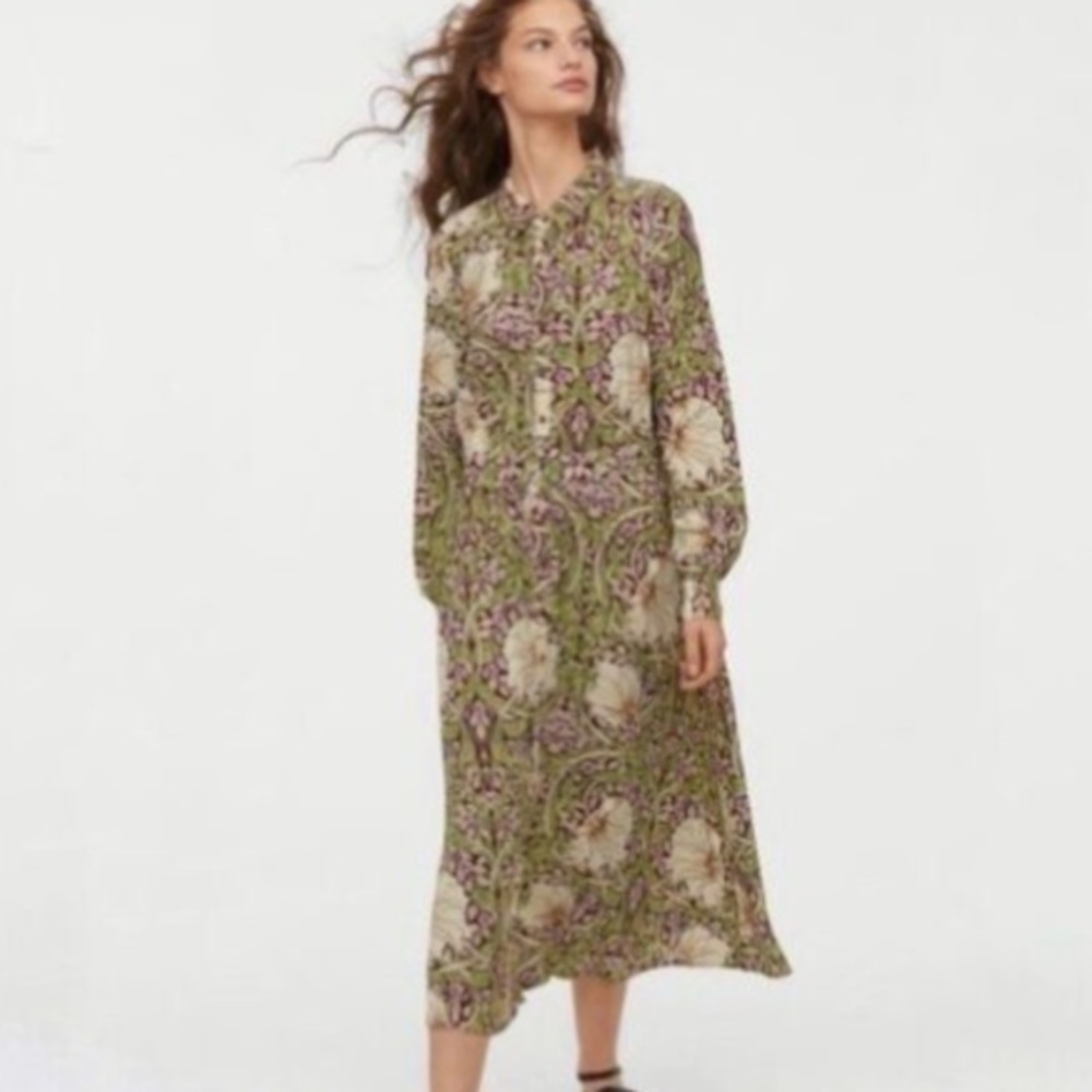 H&M X William Morris & Co Art Nouveau Green Burgundy Midi Shirt Dress 0/2